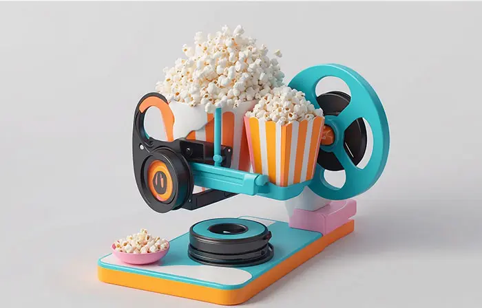 Popcorn Bucket Between Film Reel Professional 3D Illustration